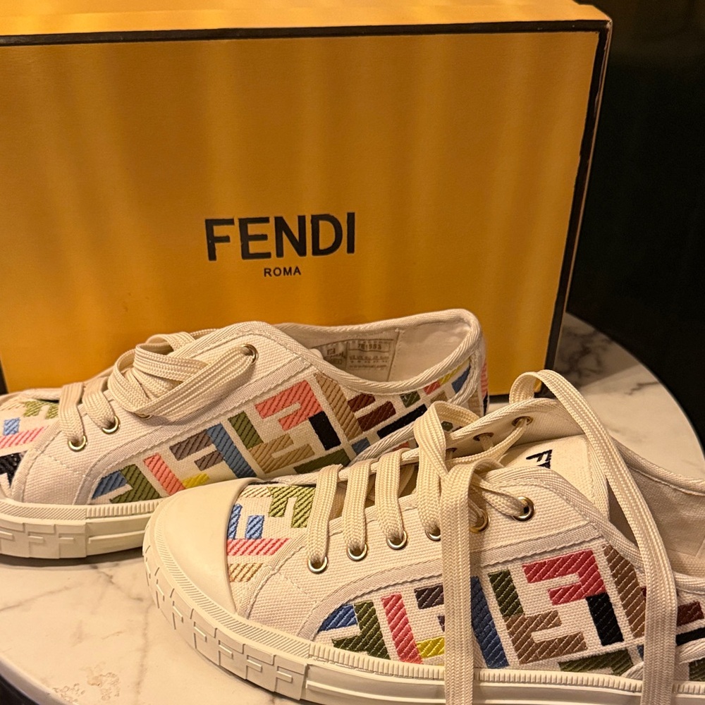 Fendi Cream Canvas Low-Top Sneakers with Multicolor FF Embroidery